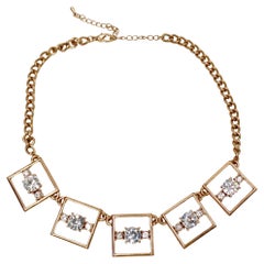 Gold-Tone Geometric Square Link Necklace With Rhinestone Accents