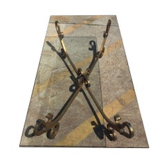 Gold-tone Gilded Wrought Iron Hollywood Regency Cocktail Table w/ Glass Top