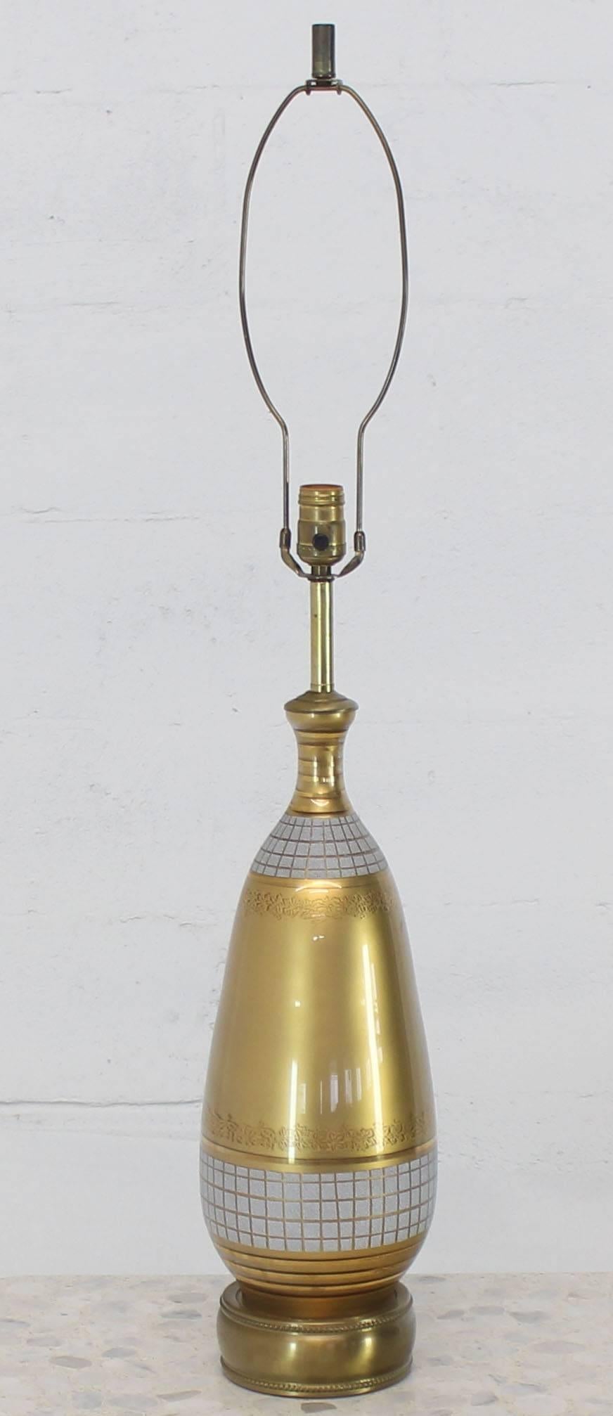 Brass Gold Tone Glass Vase Shape Table Lamp For Sale