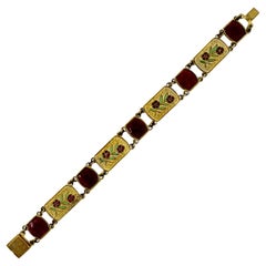 Gold Tone Green and Red Enamel Flower Link Bracelet circa 1930s