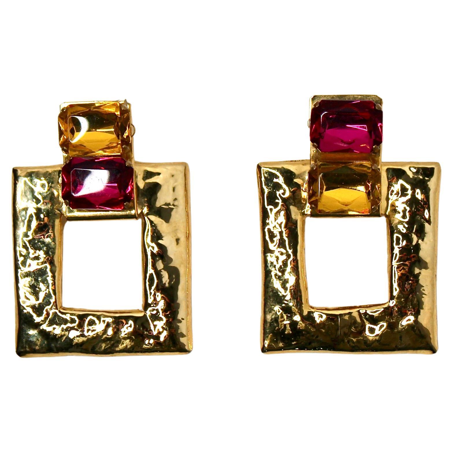 Gold-Tone Hammered Door Knocker Clip-On Earrings Circa 1980s For Sale