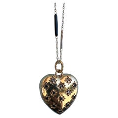 Gold Heart Necklace Black Diamond Puffy Heart Pendant Black Enamel