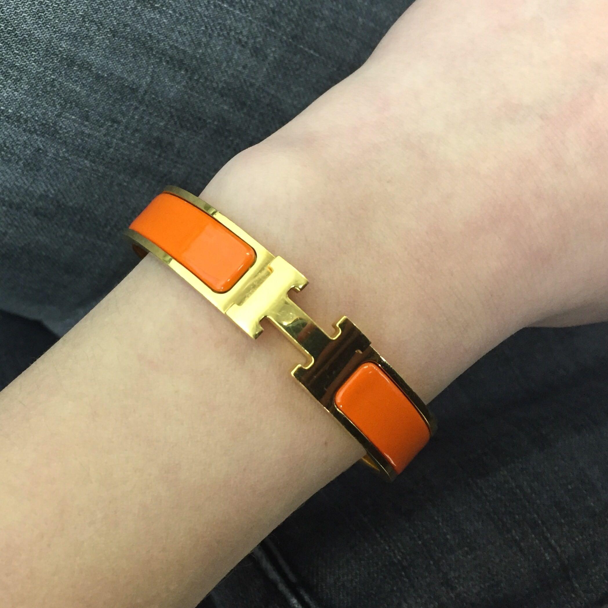 Gold Tone Hermes Orange Clic Clac Bangle Bracelet 1