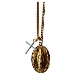 Goldton Medaille Jungfrau Maria Kette Halskette Blau Enemal