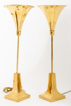 Gold-Tone Metal Trumpet Form Table Lamps, Pair
