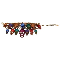 Gold-Tone Multicolor Crystal Skull Charm Bracelet circa 1980s