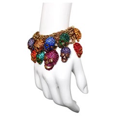 Gold-Tone Multicolor Crystal Skull Charm Bracelet circa 1980s