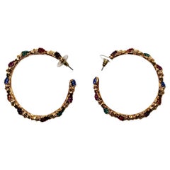 Gold-Tone Multicolor Crystal Skull Hoop Earrings circa 1980s