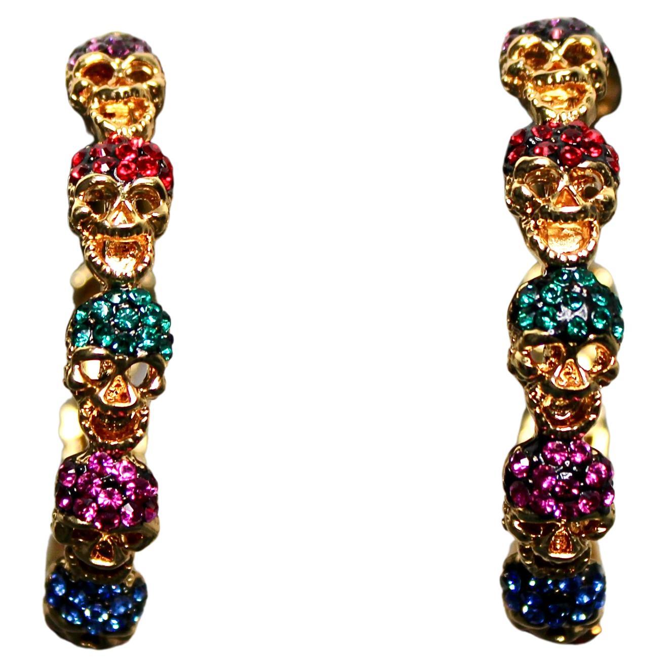 Gold-Tone Multicolor Crystal Skull Hoop Earrings circa 1980s For Sale