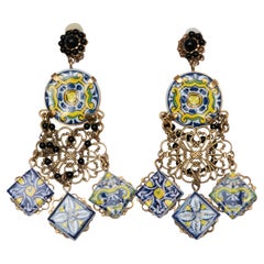 Gold-Tone & Multicolor Dolce & Gabbana Majolica Ceramic Clip-On Earrings