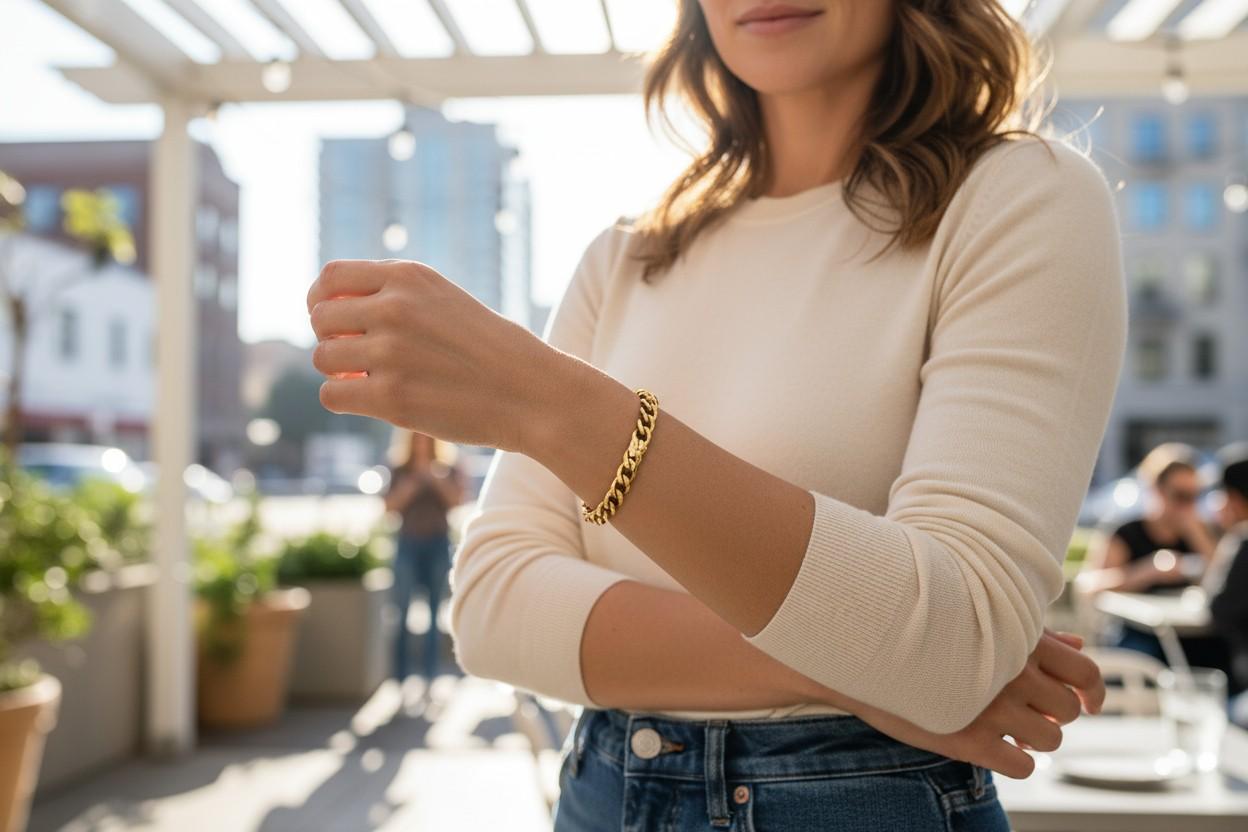 Pulsera de eslabones de oro sobre plata de ley de 8 pulgadas de ancho en venta 2