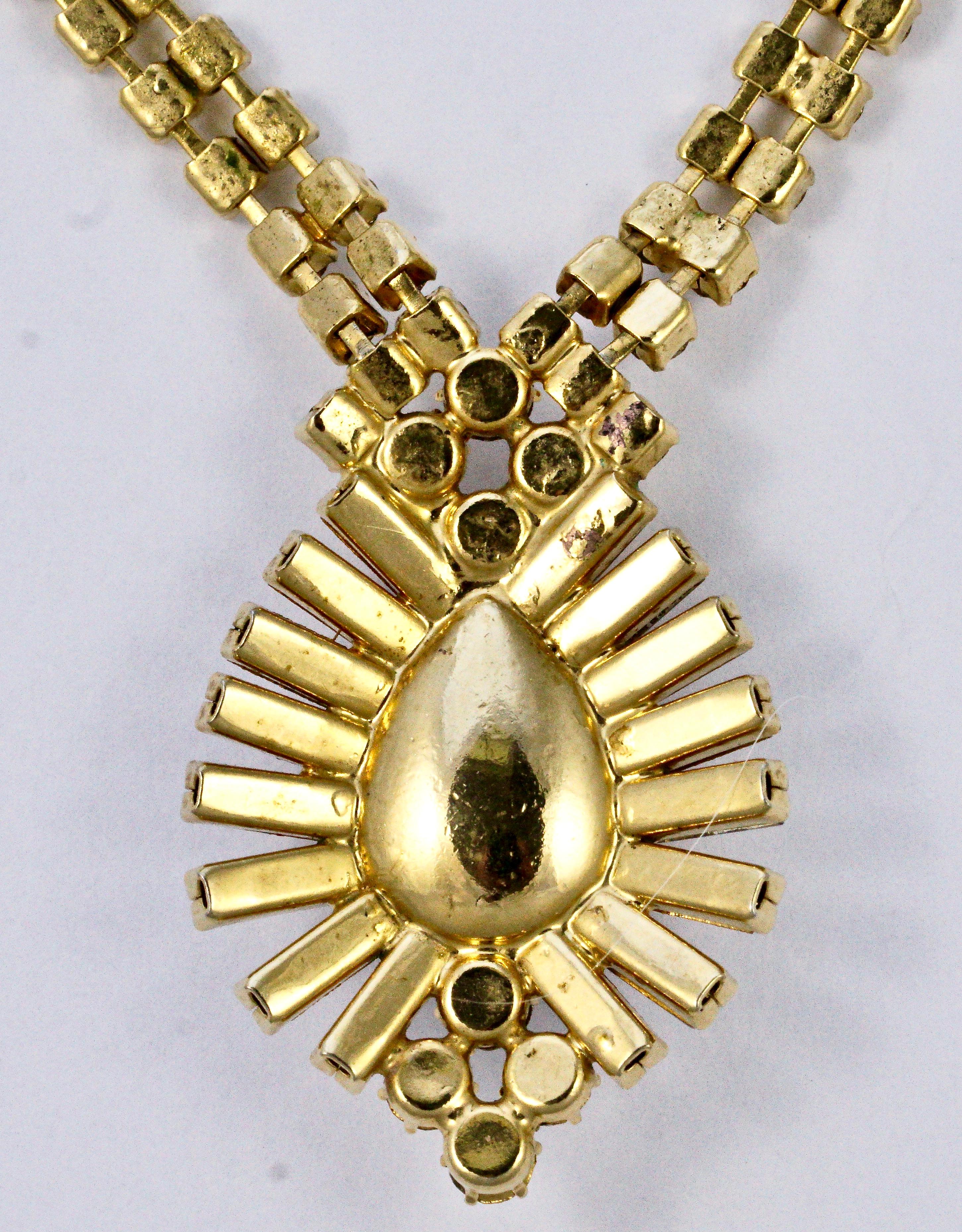  Gold Tone Pendant Necklace with Clear Rhinestones and a Red Rhinestone Teardrop For Sale 2