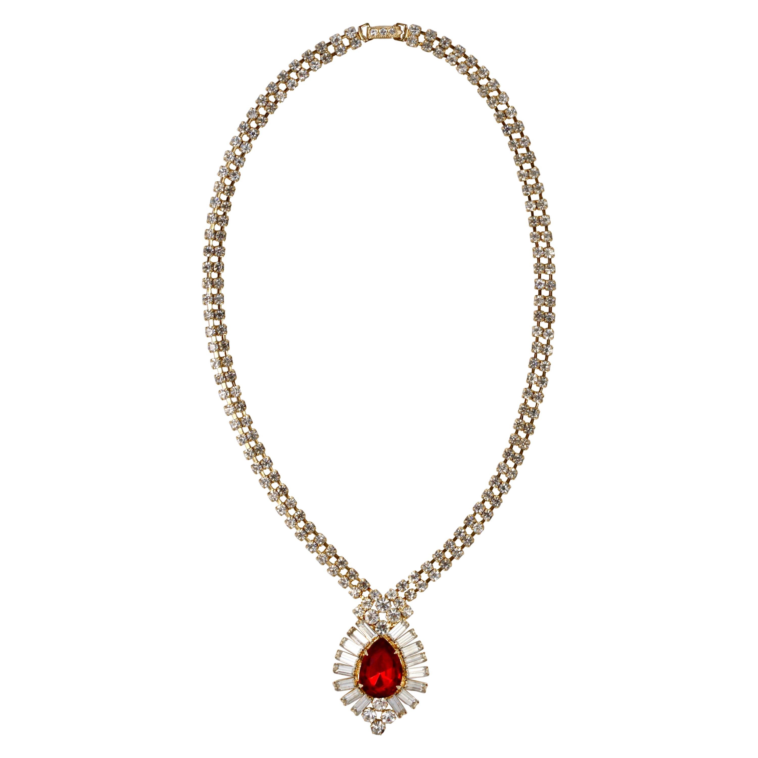  Gold Tone Pendant Necklace with Clear Rhinestones and a Red Rhinestone Teardrop