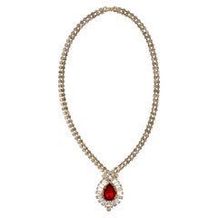 Retro  Gold Tone Pendant Necklace with Clear Rhinestones and a Red Rhinestone Teardrop