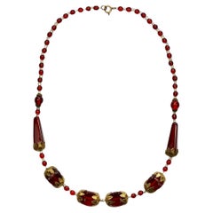 Gold Tone Red and Clear Glass Necklace circa 1930s