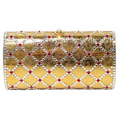 Gold-Tone Rhinestone Embellished Metal Clutch With chain circa 1960s
