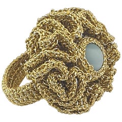 Gold Tone Thread Bold Cocktail Flower Crochet Ring Amazonite One Of A Kind