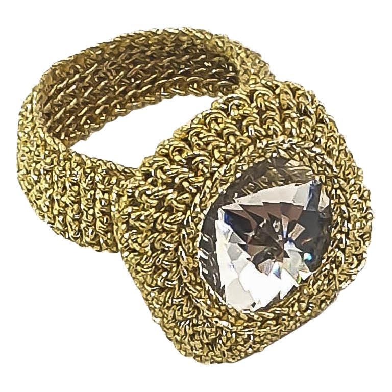 Gold Tone Thread Crochet Classic Cocktail Ring Clear Vintage Swarovski Crystal For Sale