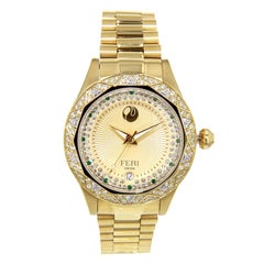 Gold Tone with Yellow Face Metal Band Green Stones Swiss Movement Watch by Feri