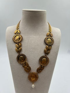 Gold-Toned Brass Coin, Laurel Leaves & Pearl Statement Necklace