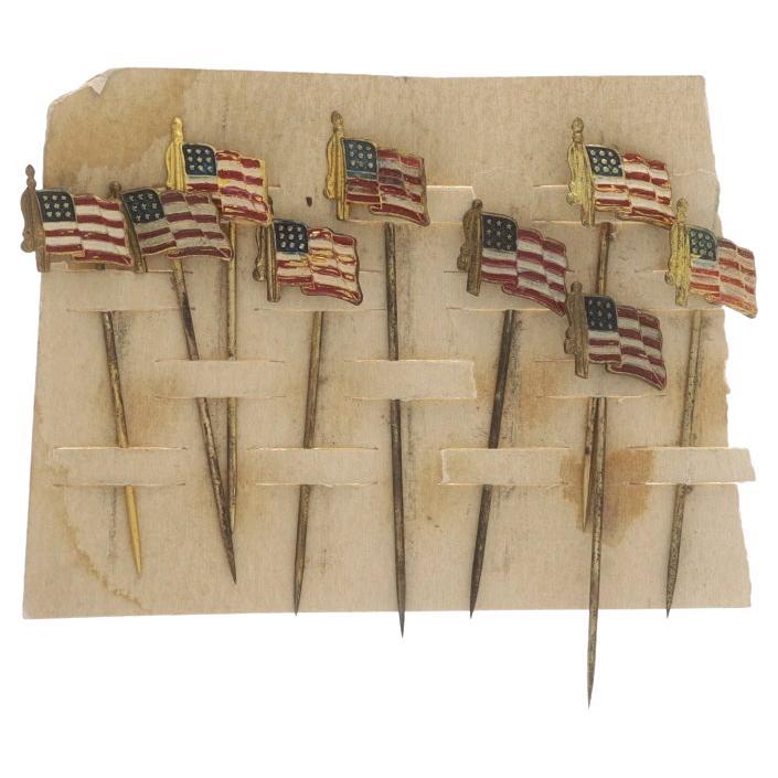 Gold Toned Set of 9 American Flag Stickpins - Patriotic Vintage Enamel For Sale