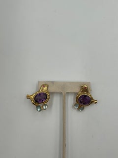 Gold-Toned Silver & Real Purple Stones Bird Earrings