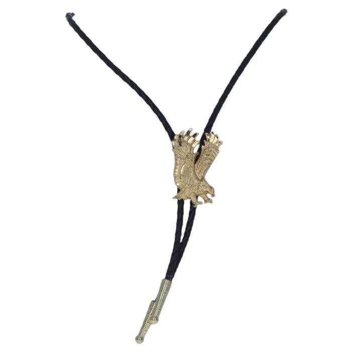Gold Toned Swooping Eagle Men's Bolo Tie 22" - Majestic Bird Black Woven Leather For Sale