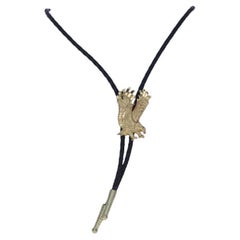 Gold Toned Swooping Eagle Men's Bolo Tie 22" - Majestic Bird Black Woven Leather