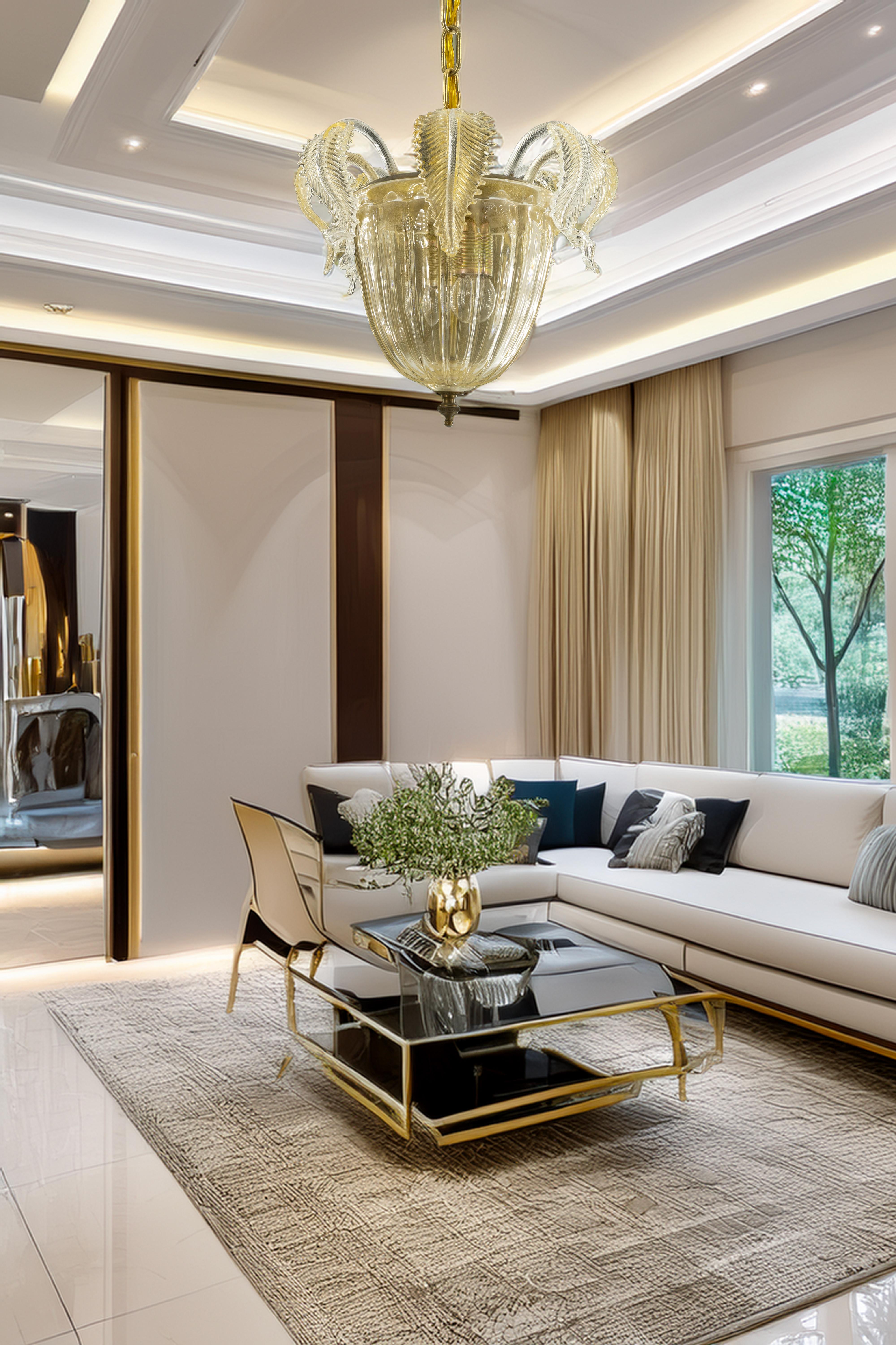 Gold tones Murano Glass Suspension and Flush Mount, modern and antique fusion For Sale 3