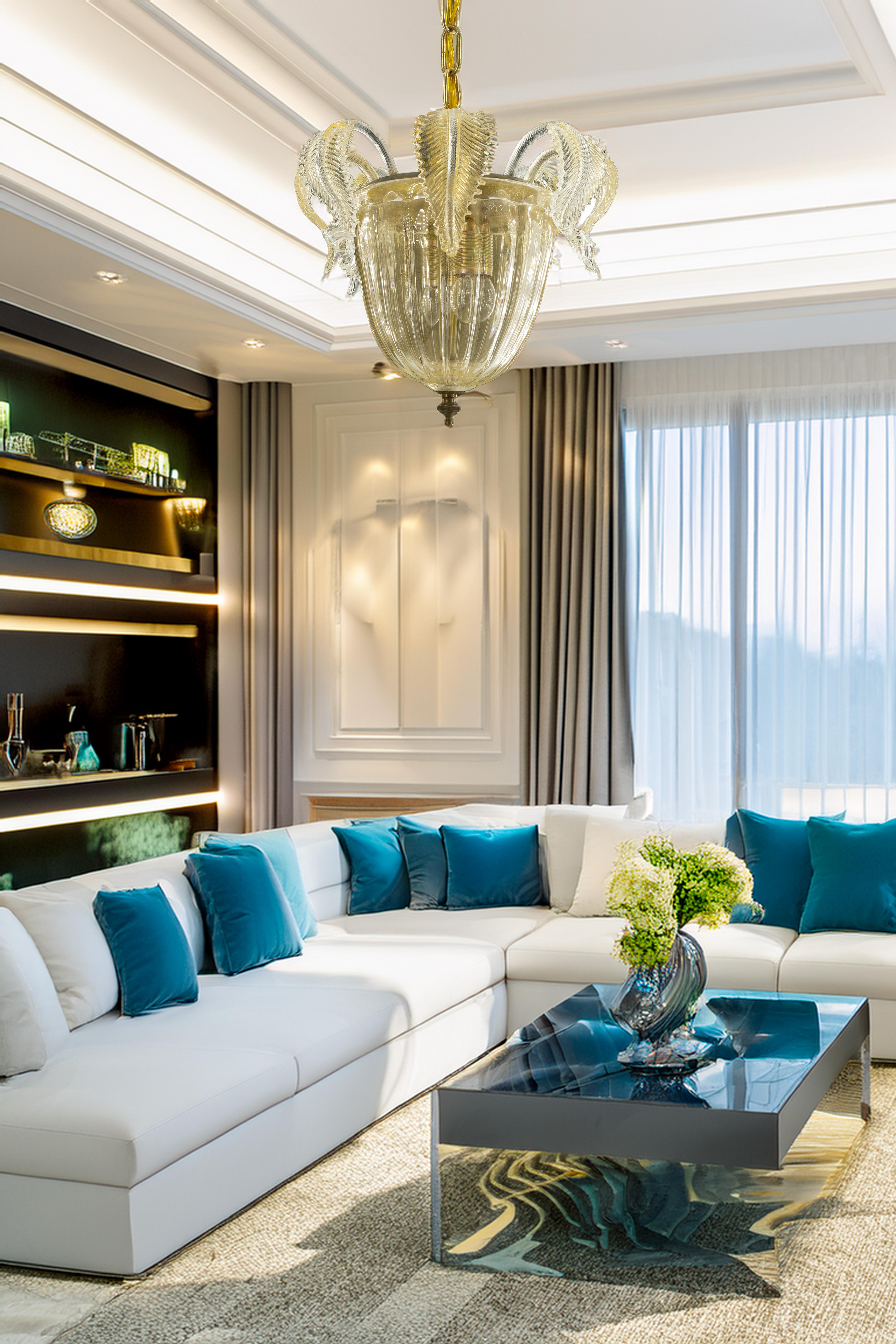 Gold tones Murano Glass Suspension and Flush Mount, modern and antique fusion For Sale 4