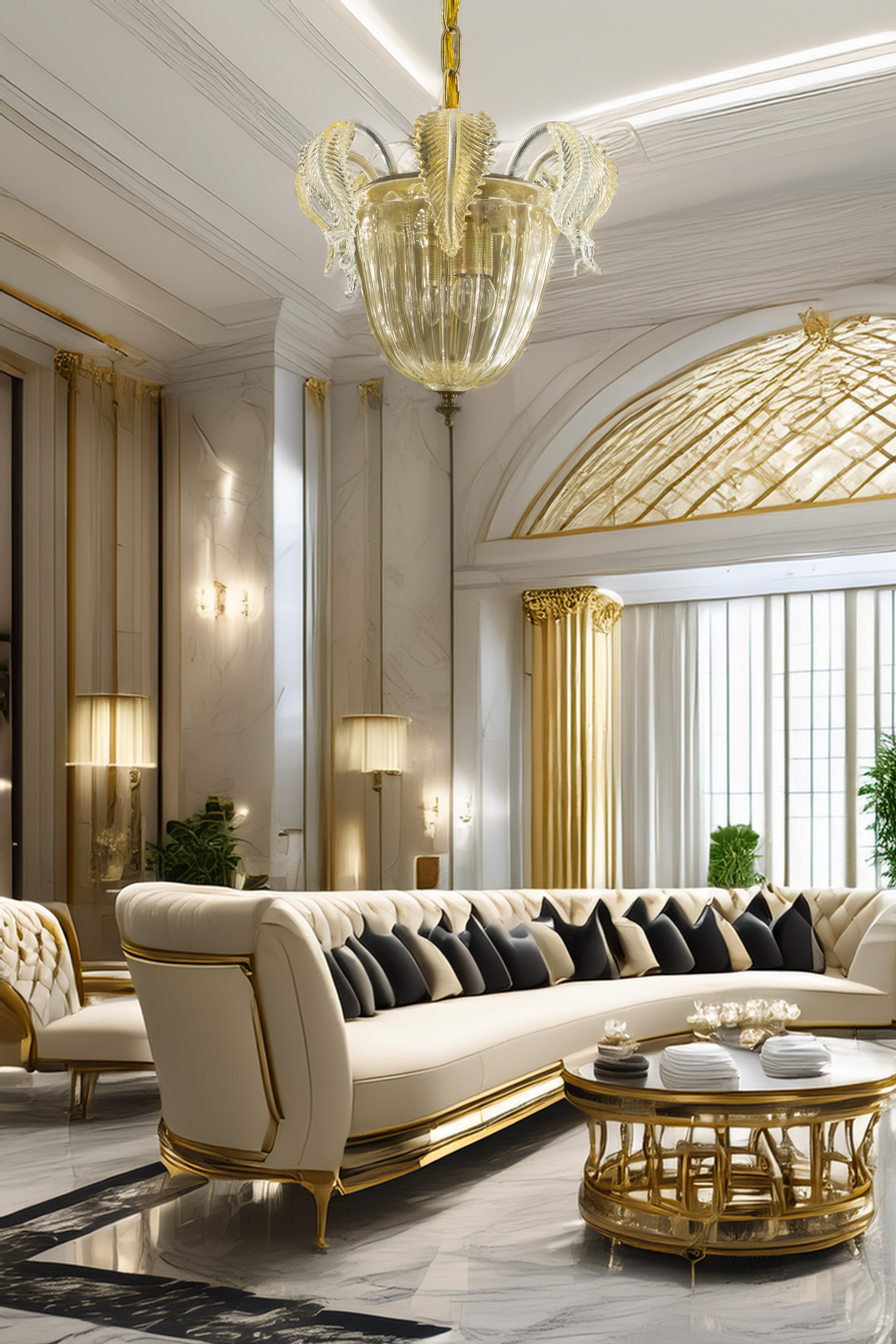 Gold tones Murano Glass Suspension and Flush Mount, modern and antique fusion For Sale 7