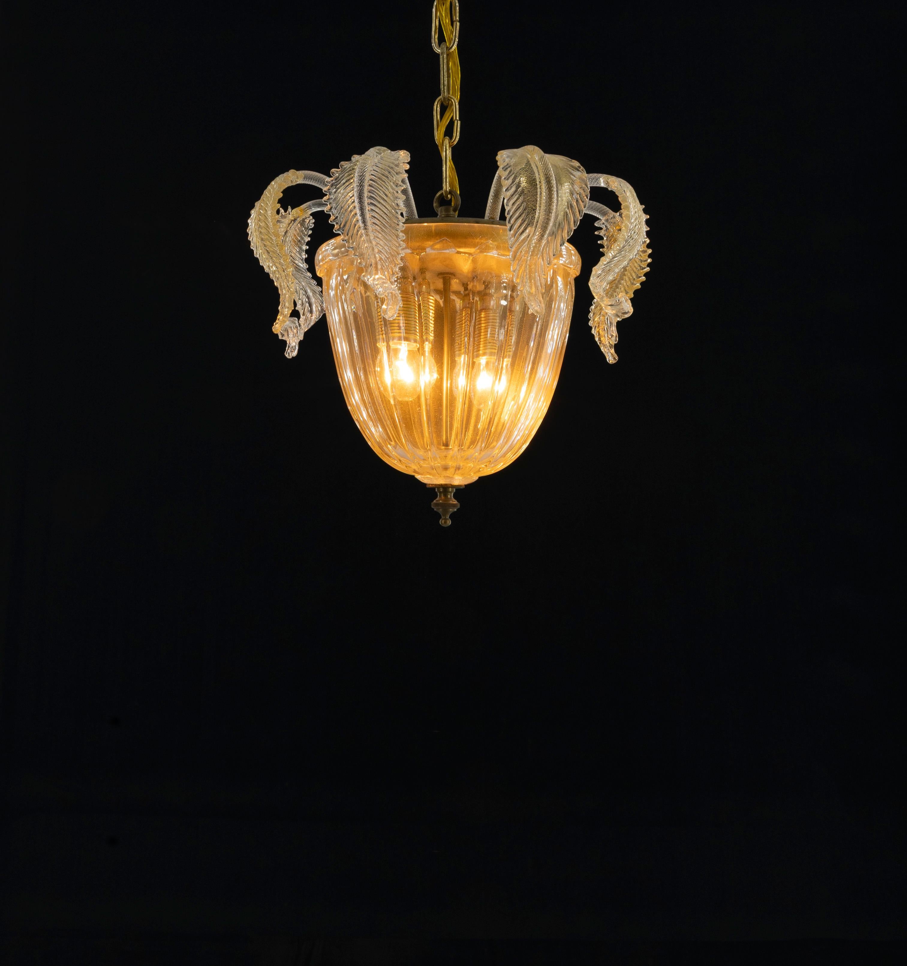 Gold tones Murano Glass Suspension and Flush Mount, modern and antique fusion For Sale 1