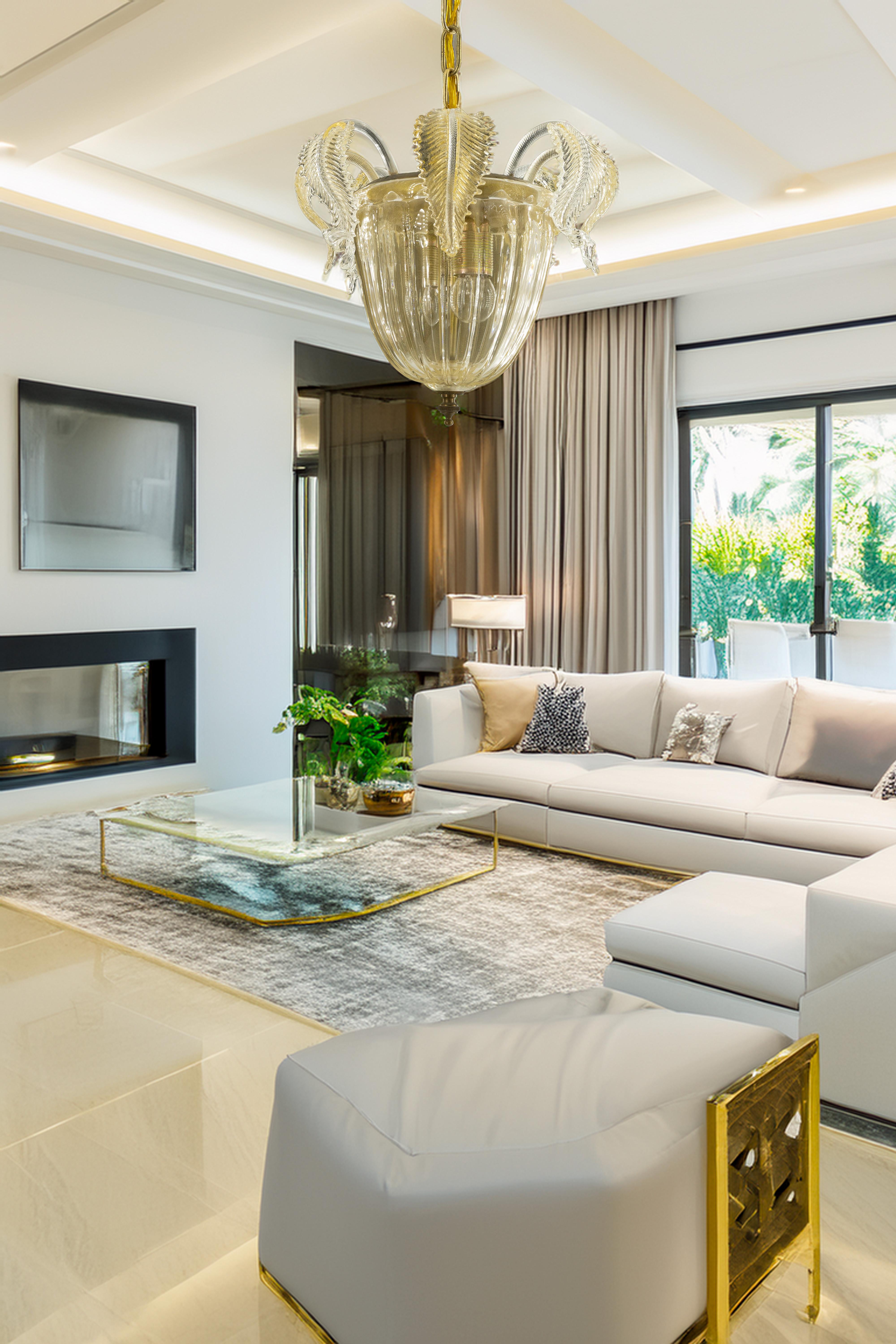 Gold tones Murano Glass Suspension and Flush Mount, modern and antique fusion For Sale 2