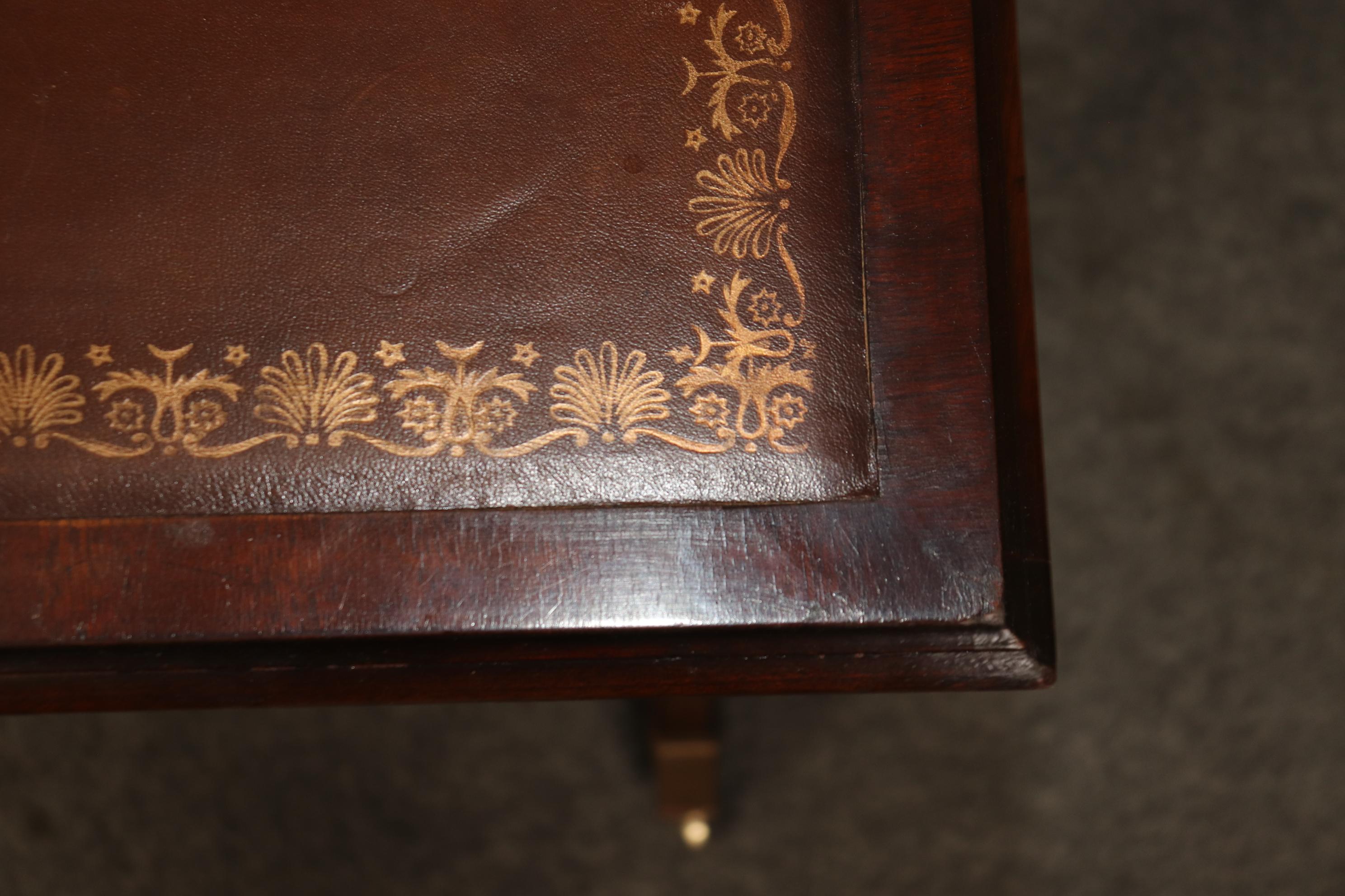 Late 20th Century Gold Tooled Embossed Leather Top English Regency Mahogany Desk by Reprodux