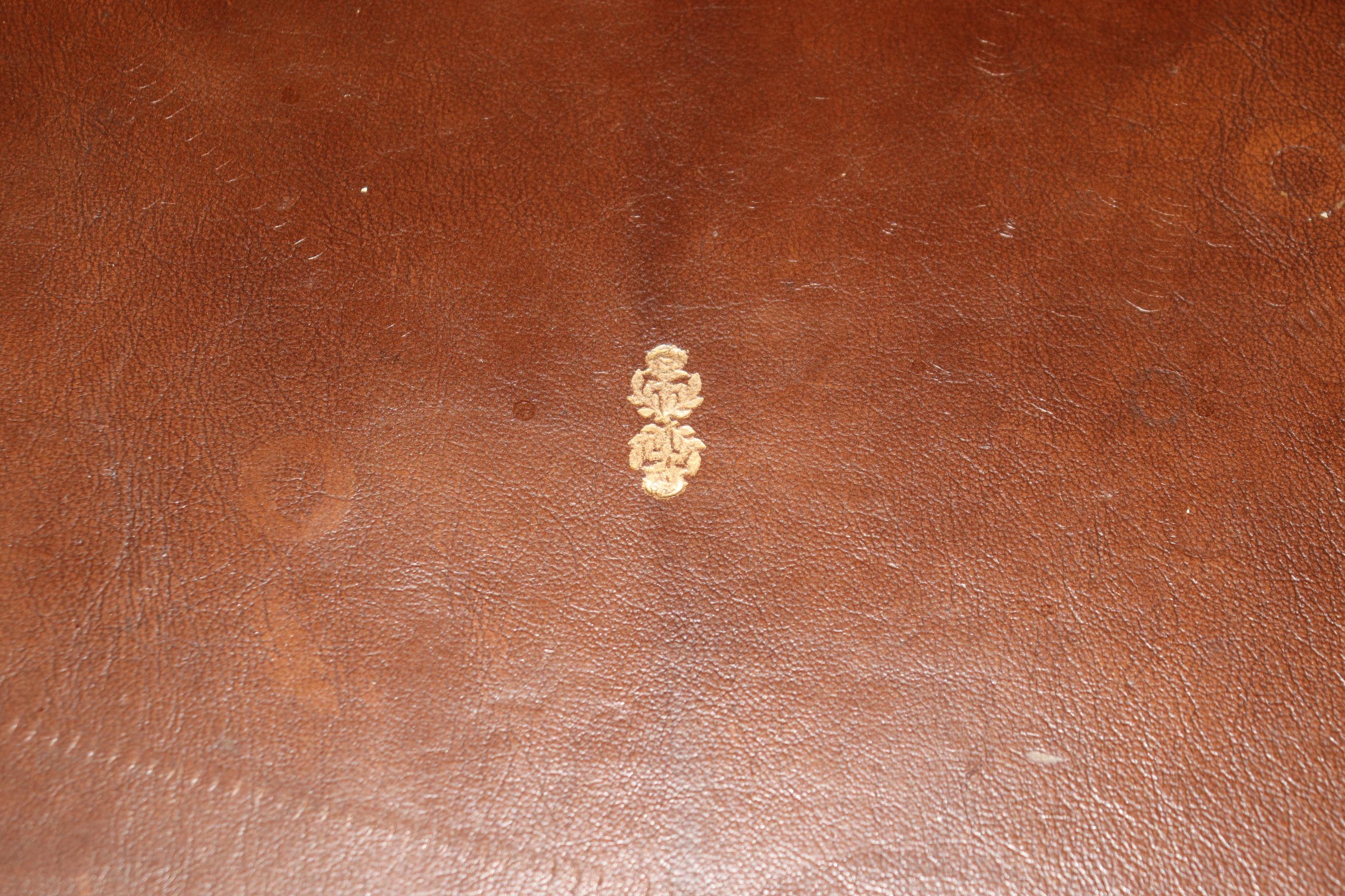 Brass Gold Tooled Embossed Leather Top English Regency Mahogany Desk by Reprodux
