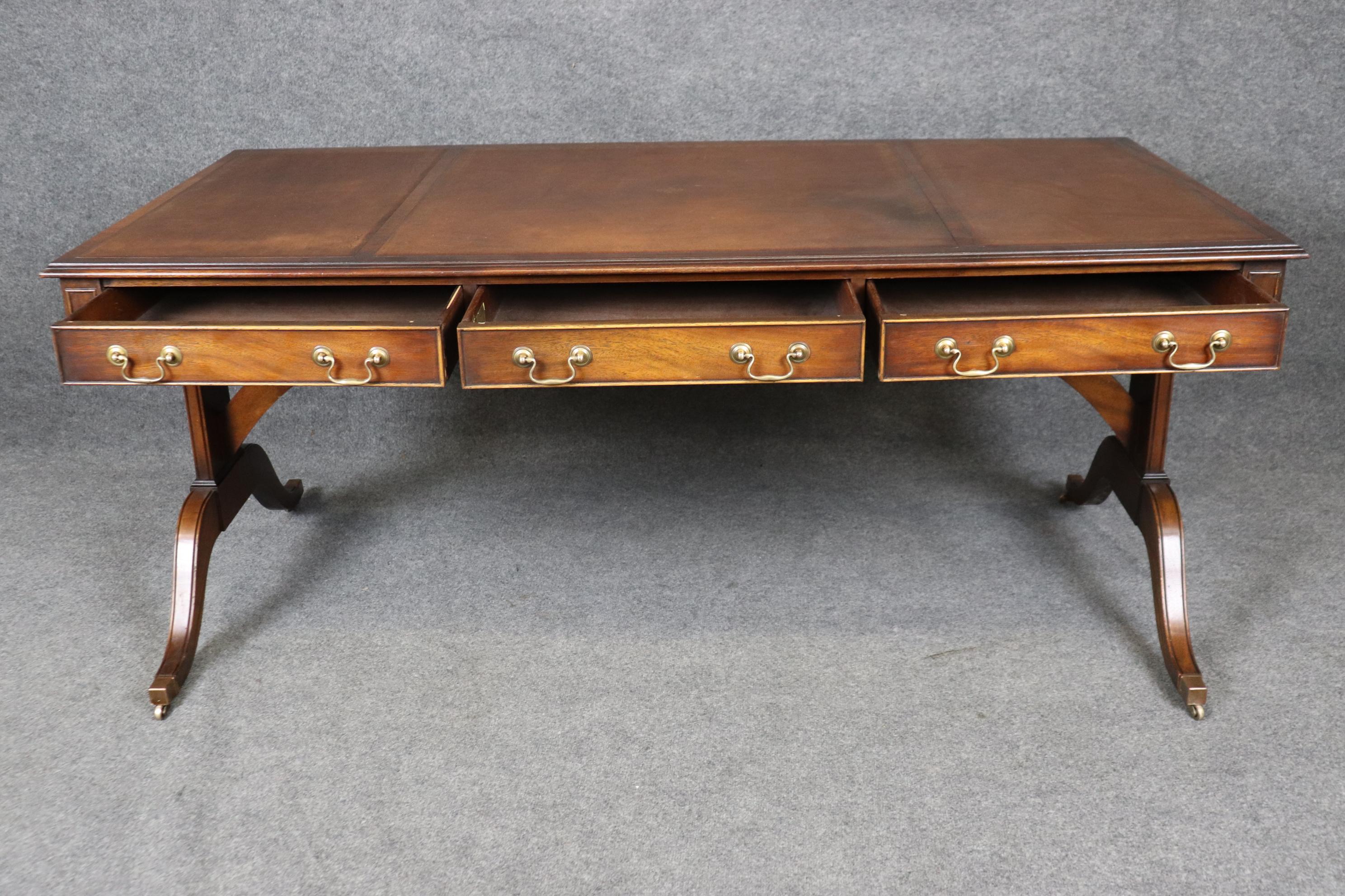 Gold Tooled Embossed Leather Top English Regency Mahogany Desk by Reprodux 2