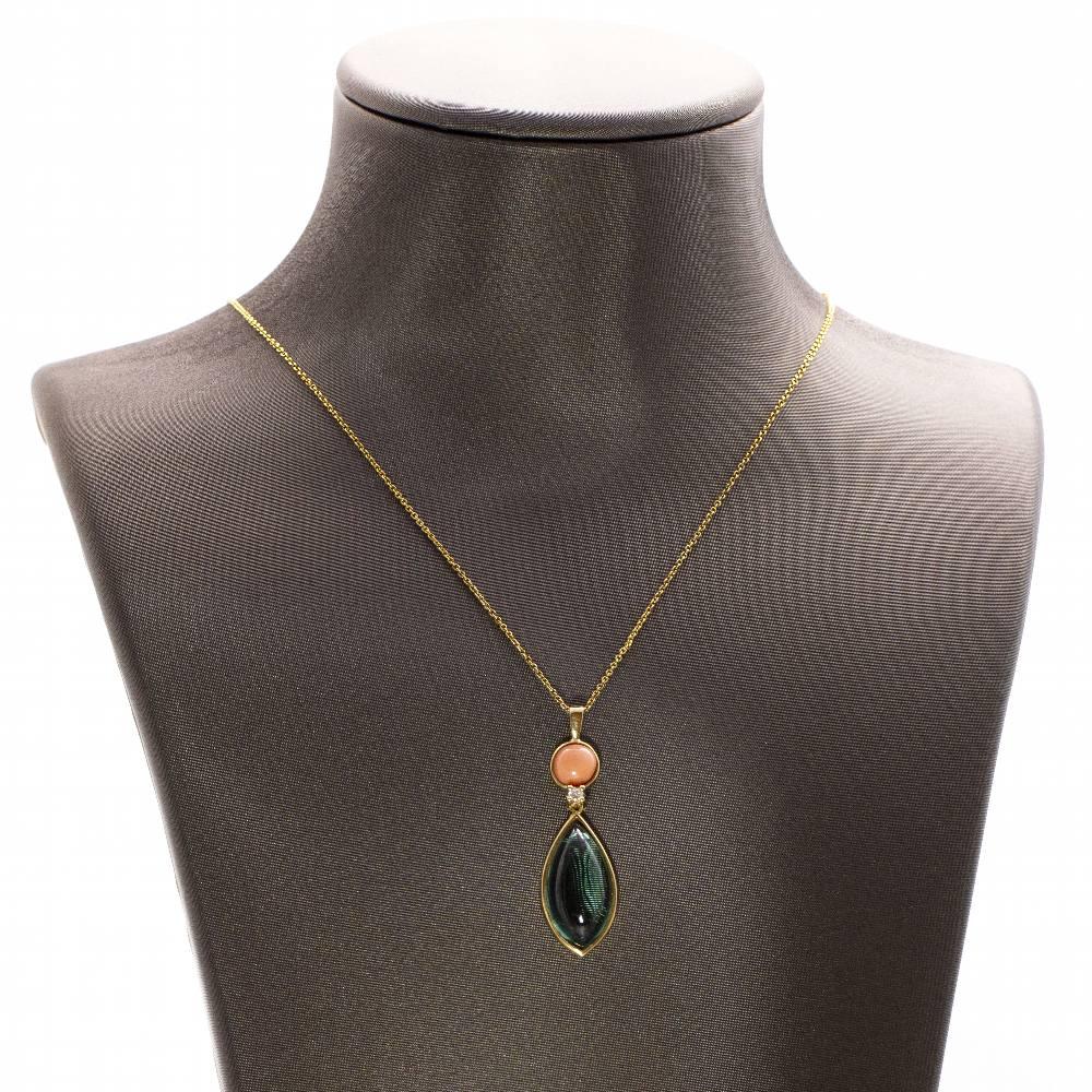 Women's Gold, Tourmaline and Coral Pendant Necklace For Sale