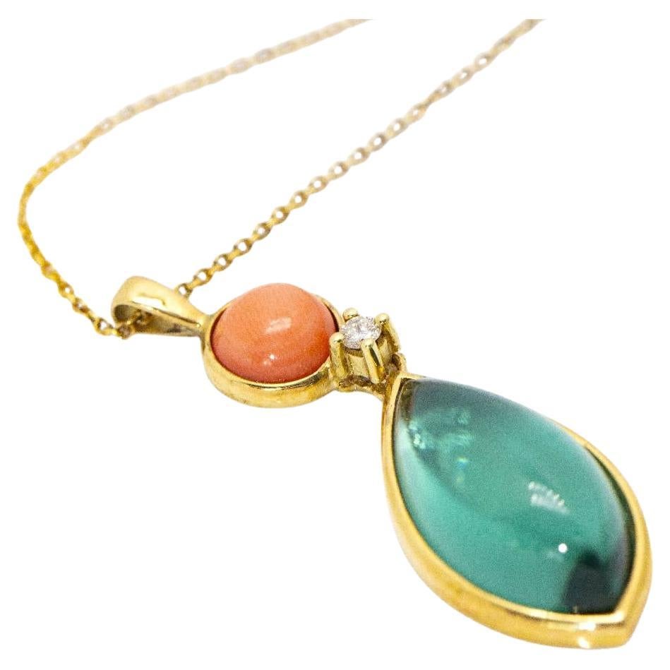 Gold, Tourmaline and Coral Pendant Necklace For Sale
