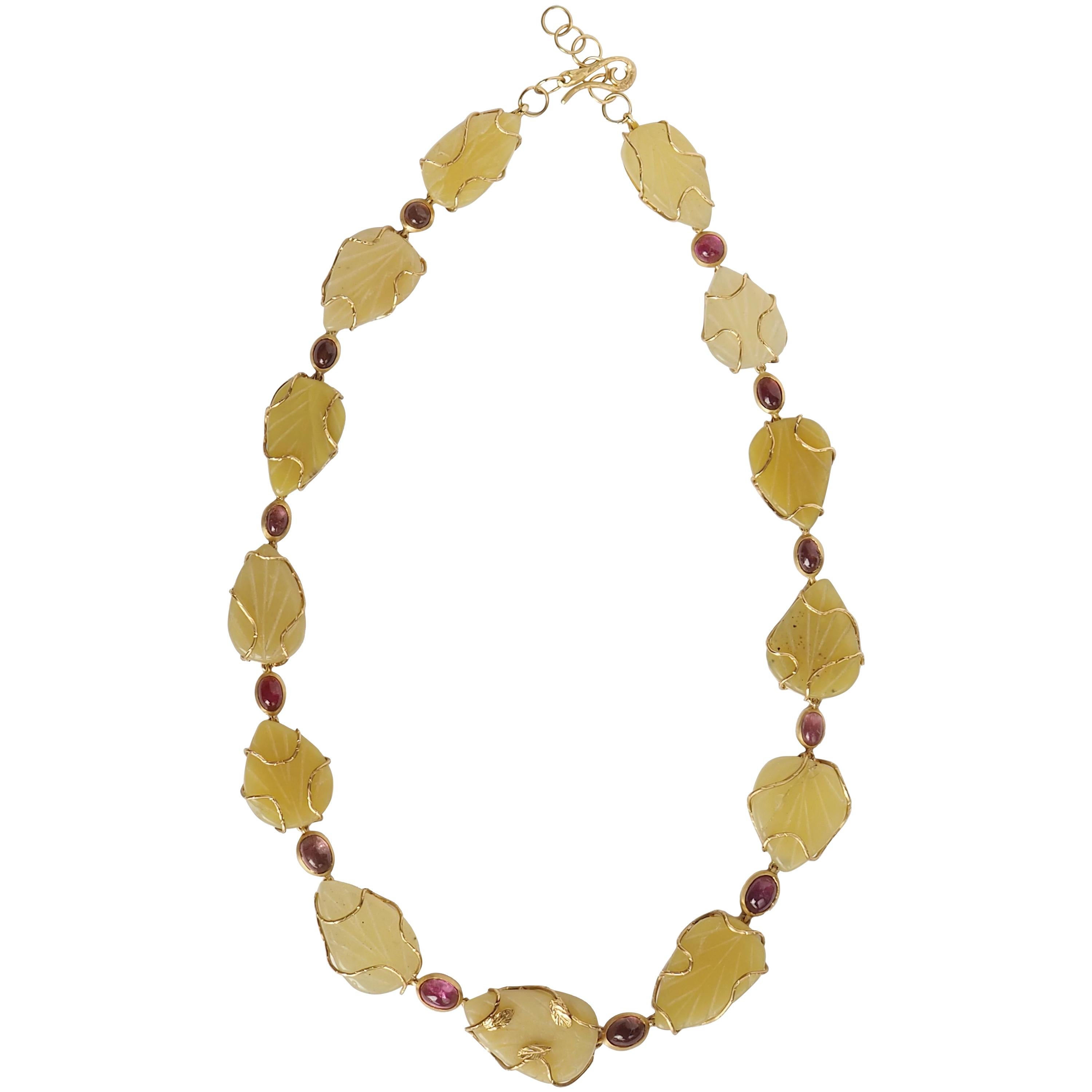 Gold Tourmaline Opal Hand Made Necklace For Sale
