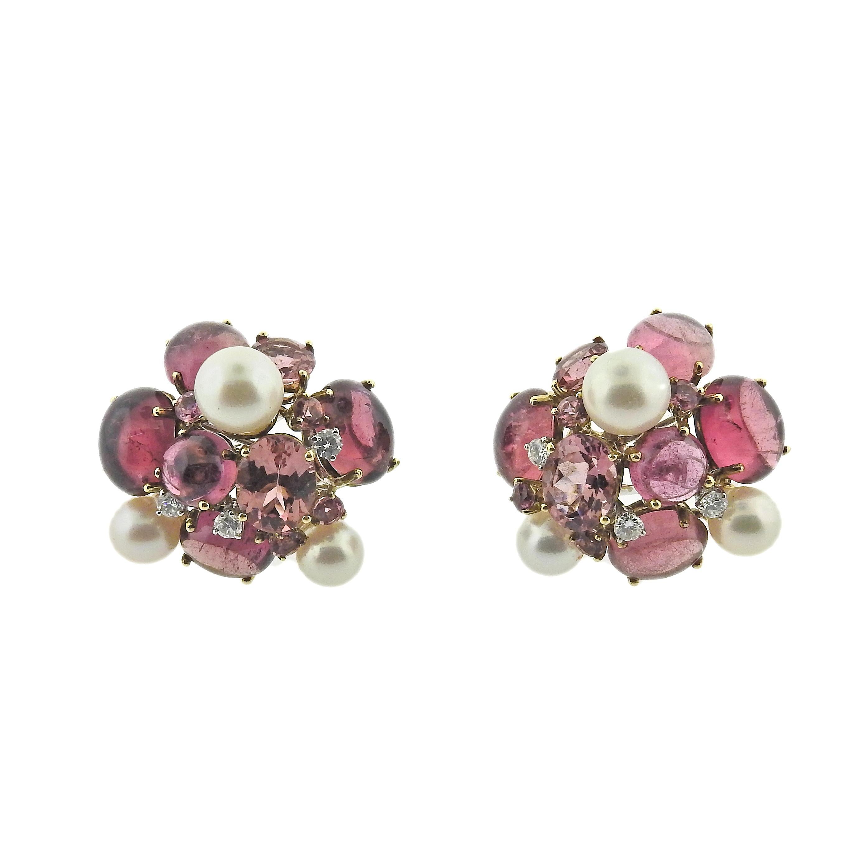 18k gold Pink Tourmaline Pearl Diamond Cluster Earrings. Featuring 0.30ctw of VS/GH diamond. earrings measure 26mm x 25mm. Tested 18K gold. Weight is 22.1 gram.