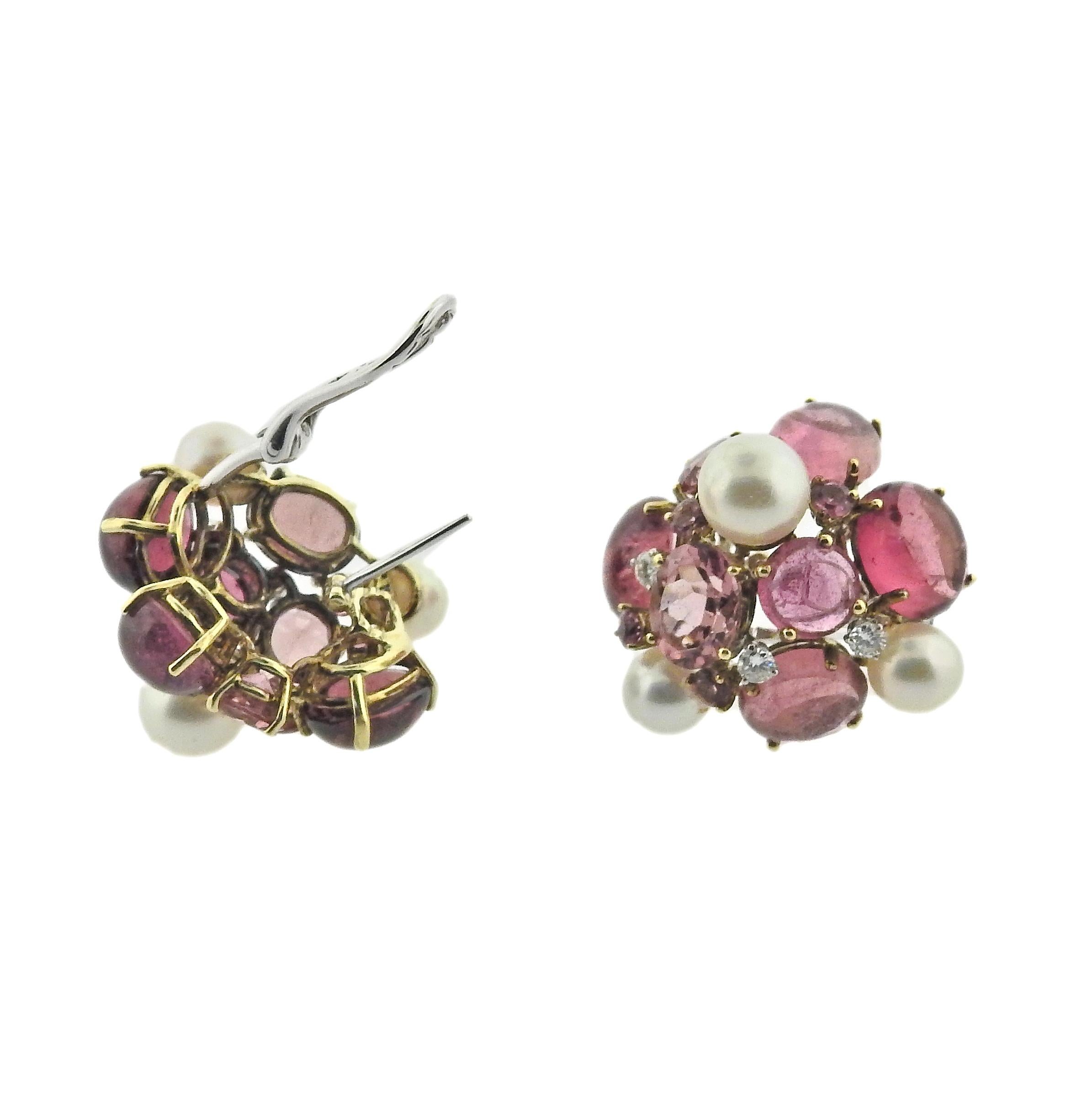 Round Cut Gold Tourmaline Pearl Diamond Cluster Earrings For Sale