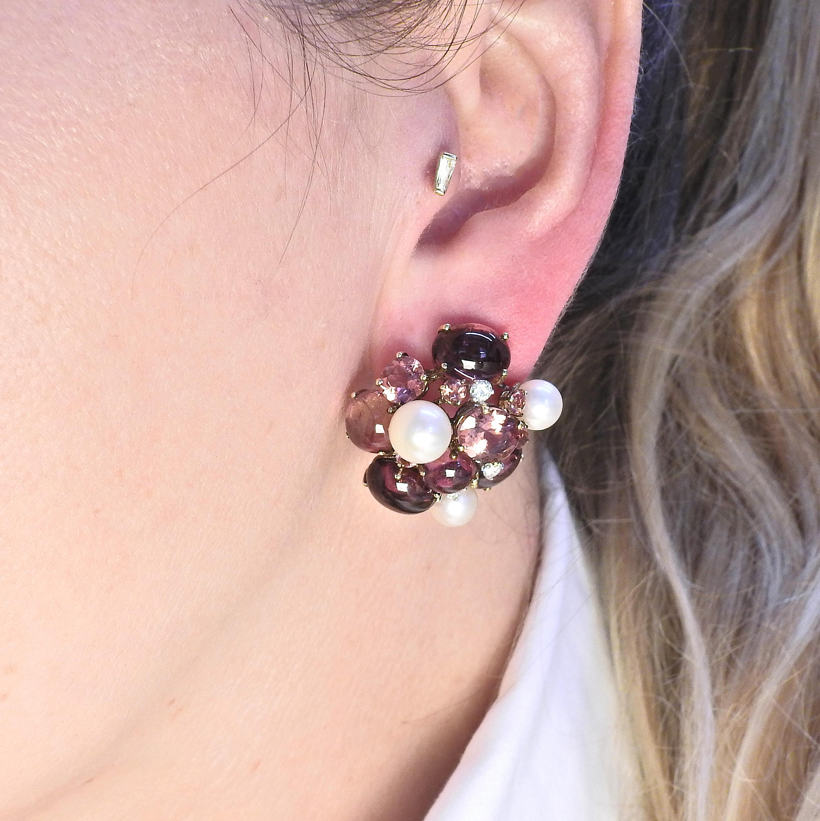 Women's Gold Tourmaline Pearl Diamond Cluster Earrings For Sale