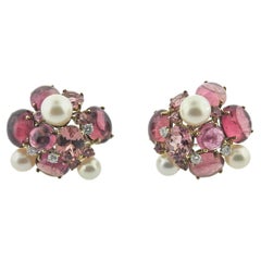 Gold Tourmaline Pearl Diamond Cluster Earrings