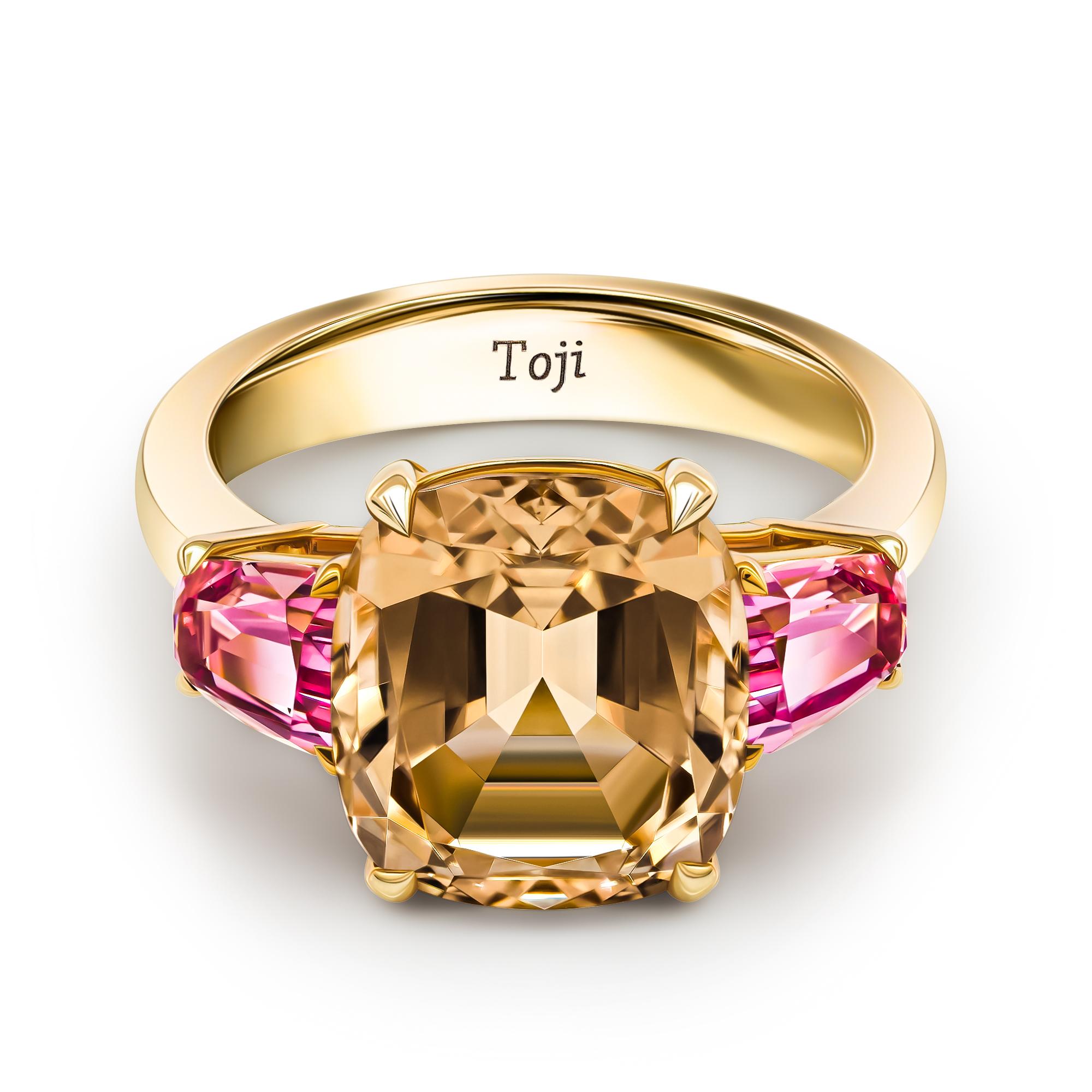 Modernist Gold Tourmaline & Pink Spinels Ring, 18k Yellow Gold Spinels & Tourmaline Ring