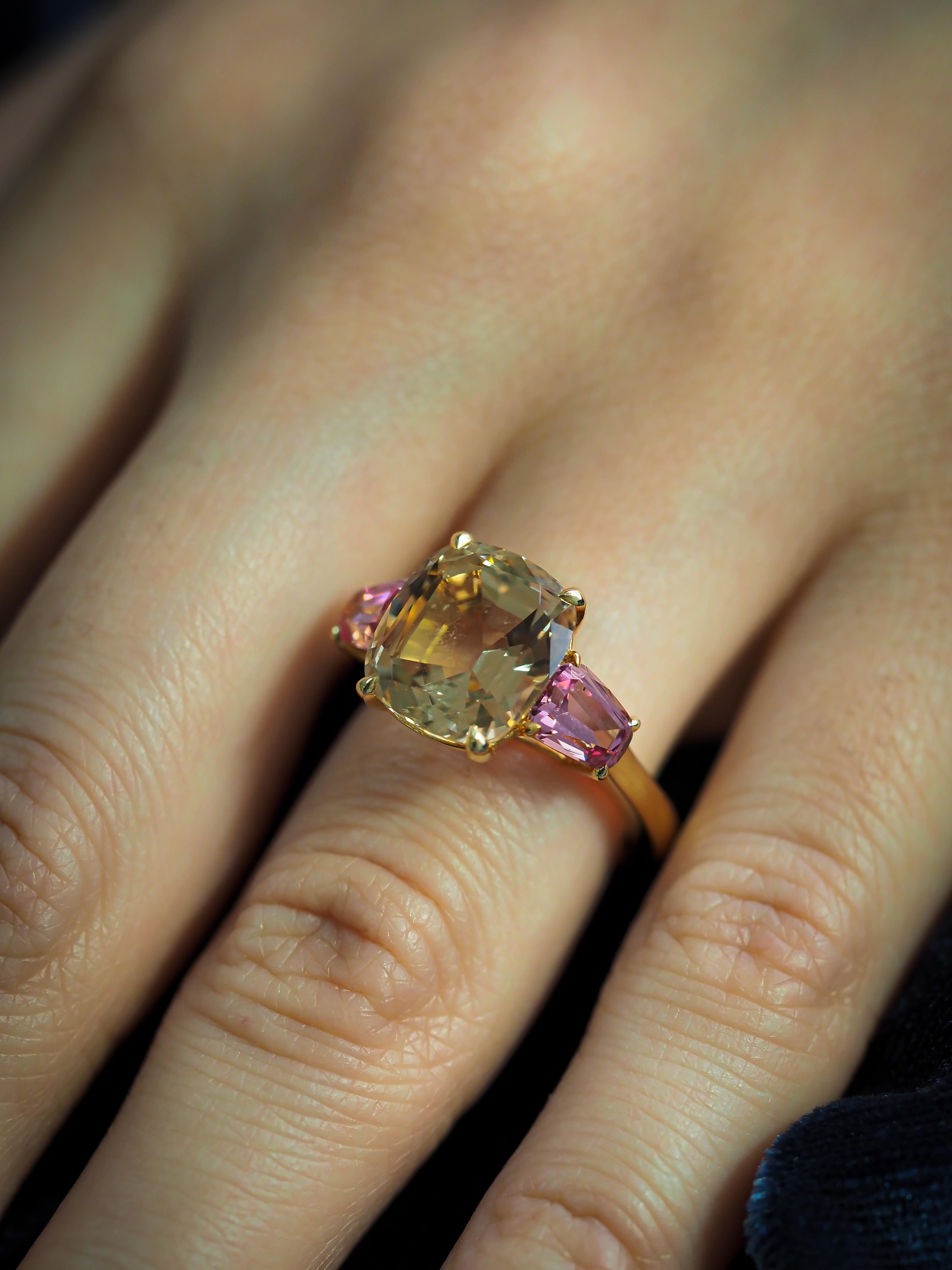 Mixed Cut Gold Tourmaline & Pink Spinels Ring, 18k Yellow Gold Spinels & Tourmaline Ring