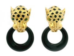 Gold Tourmaline w/ Enamel Panther Leopard Earrings w/ Black Stone Hanging Rings