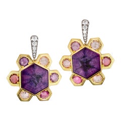 AnaKatarina Gold, Trapiche Ruby, Sapphire and Diamond Earrings