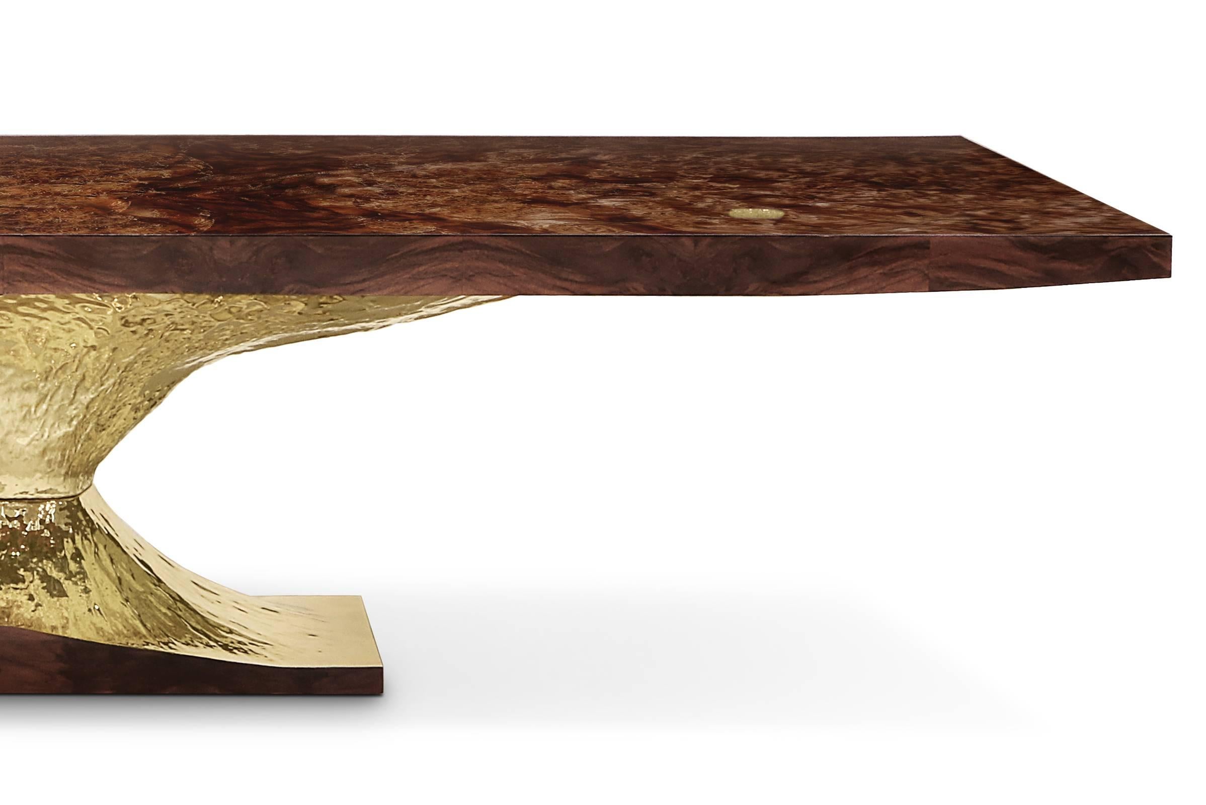 Portuguese Gold Tree Dining Table with Walnut Root Top Polished Brass Base For Sale