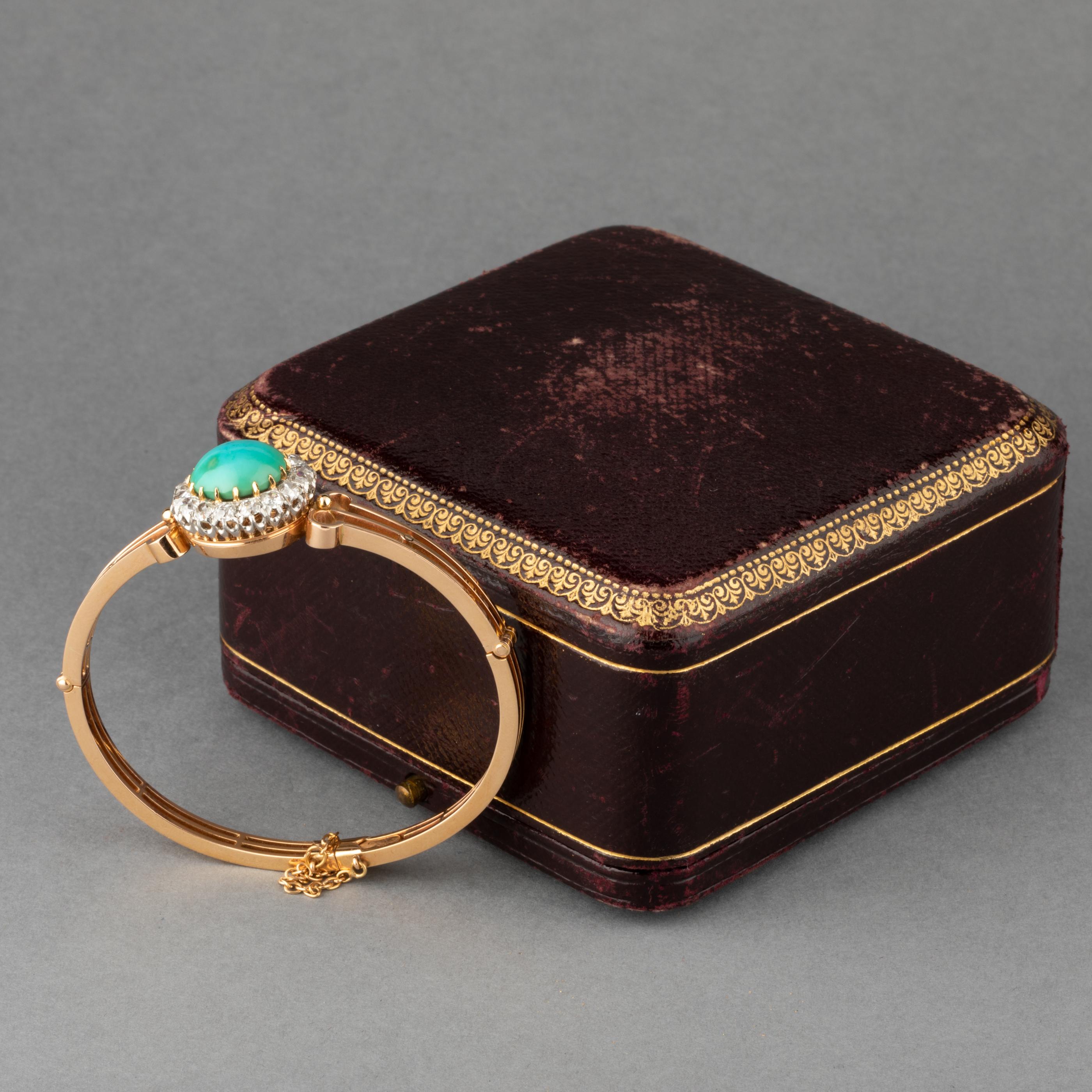 Belle Époque Gold Turquoise and 1.60 Carats Diamonds French Antique Bracelet For Sale