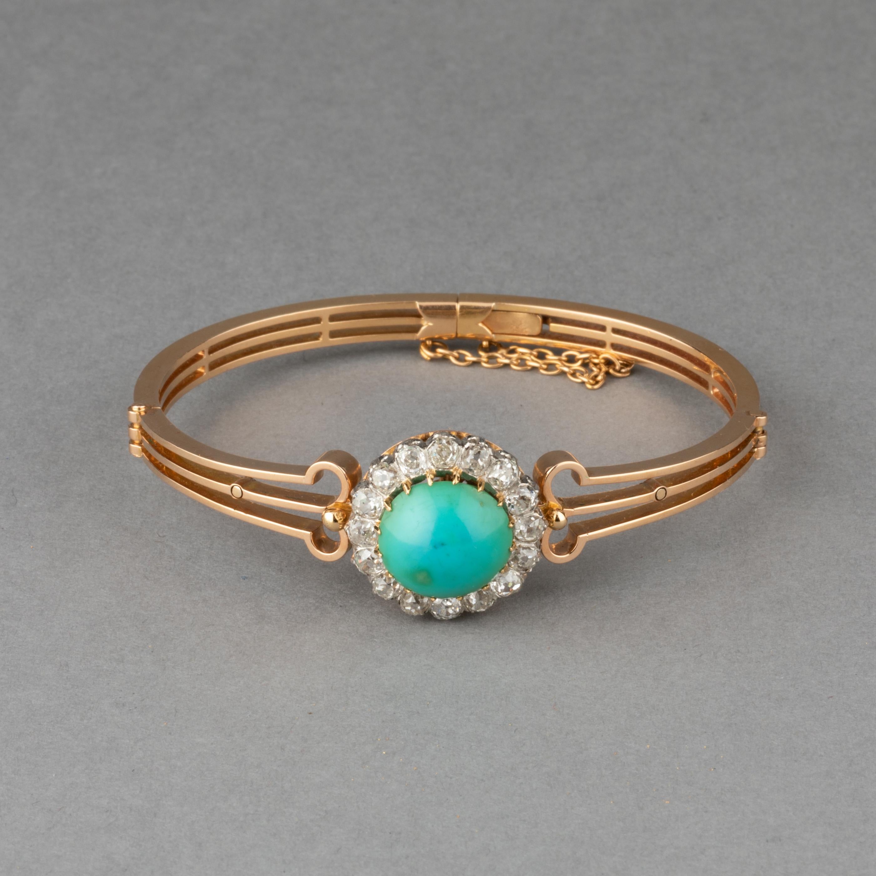 Cabochon Gold Turquoise and 1.60 Carats Diamonds French Antique Bracelet For Sale
